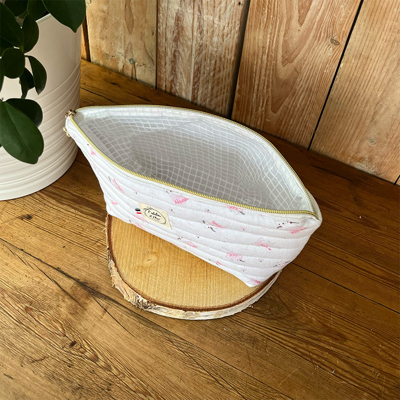 Trousse de toilette imperméable - Coton matelassé chat rose