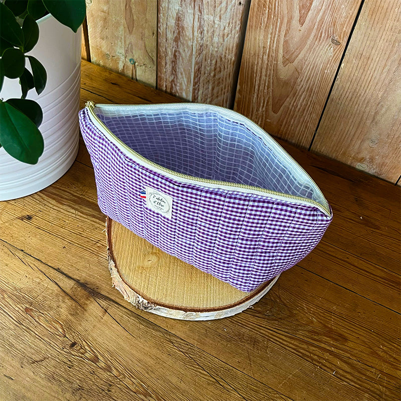 Trousse de toilette imperméable - Coton matelassé vichy violet