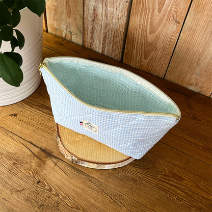 Trousse de toilette imperméable - Coton matelassé vichy bleu