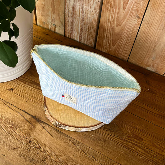 Trousse de toilette imperméable - Coton matelassé vichy bleu