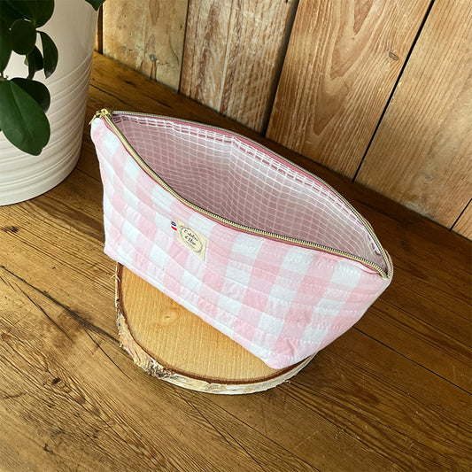 Trousse de toilette imperméable - Coton matelassé vichy rose
