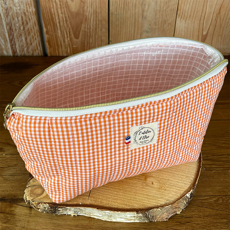 Trousse de toilette imperméable - Coton matelassé vichy orange