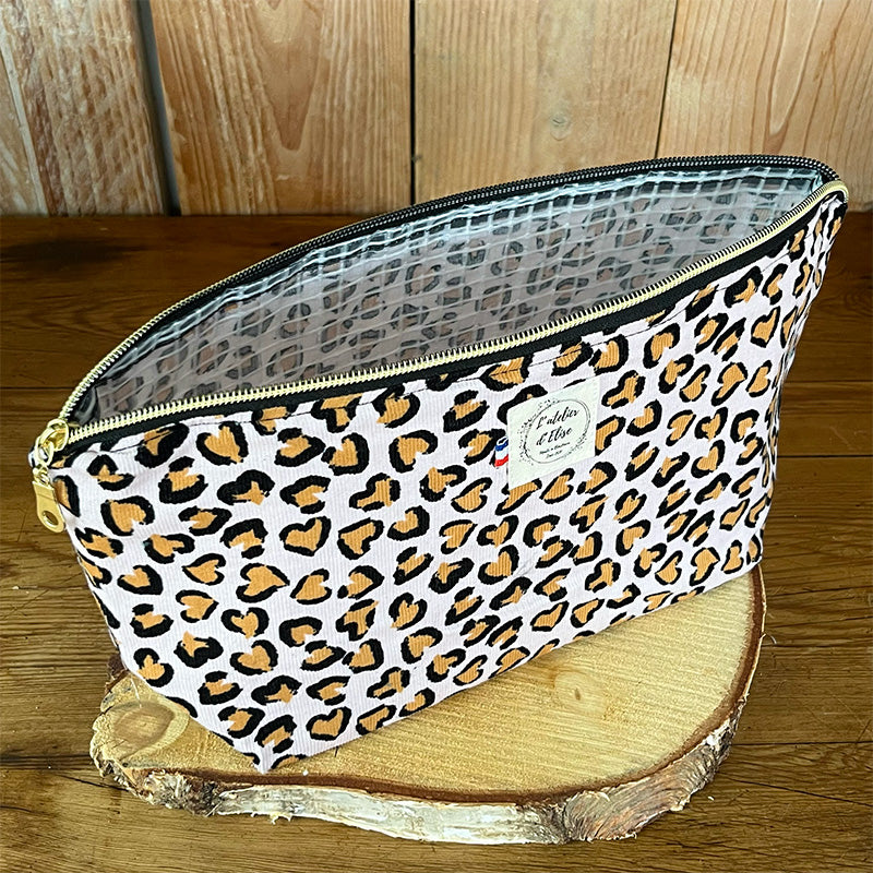 Trousse de toilette imperméable - Velours léopard rose