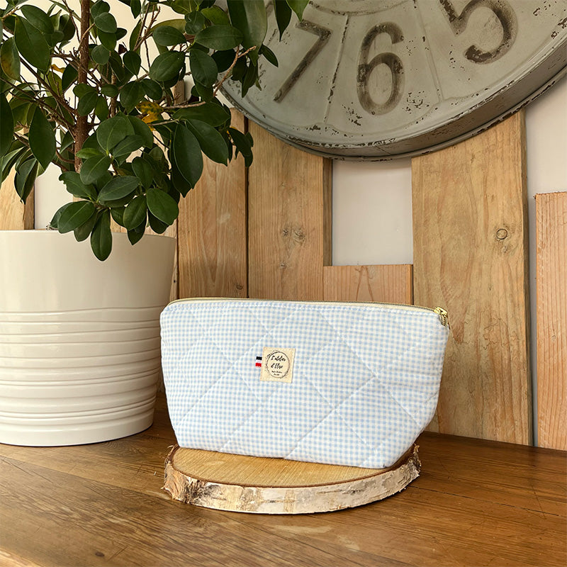 Trousse de toilette imperméable - Coton matelassé vichy bleu