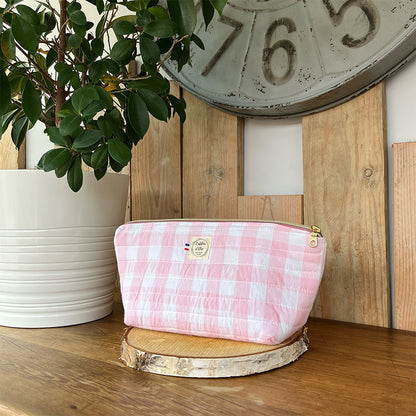 Trousse de toilette imperméable - Coton matelassé vichy rose